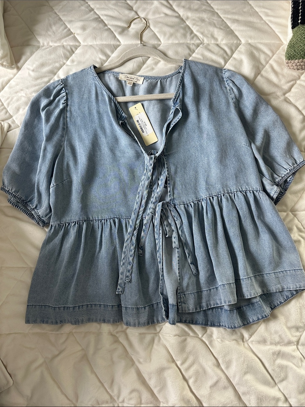 Light Wash Denim Tie-Front Peplum Top - Women